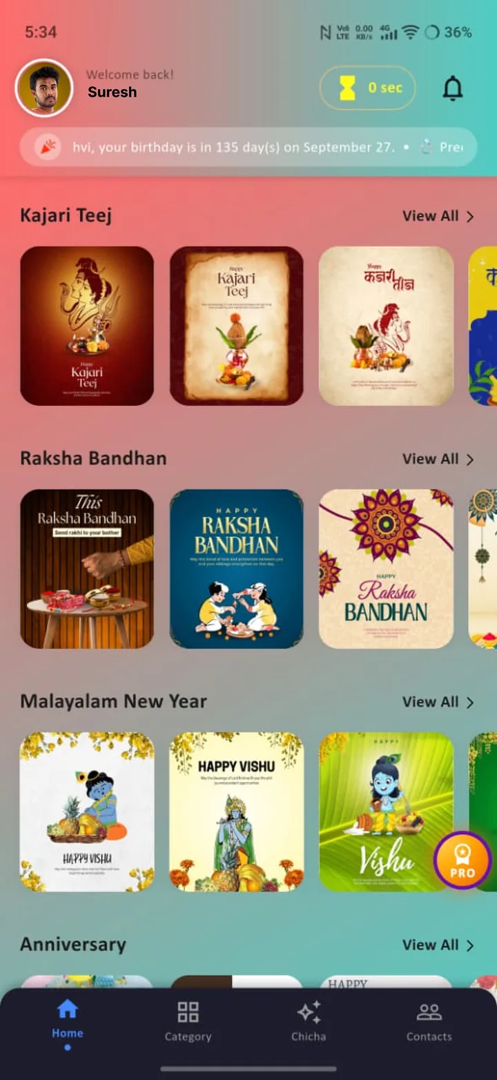 The Editezy app home screen with ready-made posters for Kajari Teej, Raksha Bandhan, Malayalam New Year and anniversaries